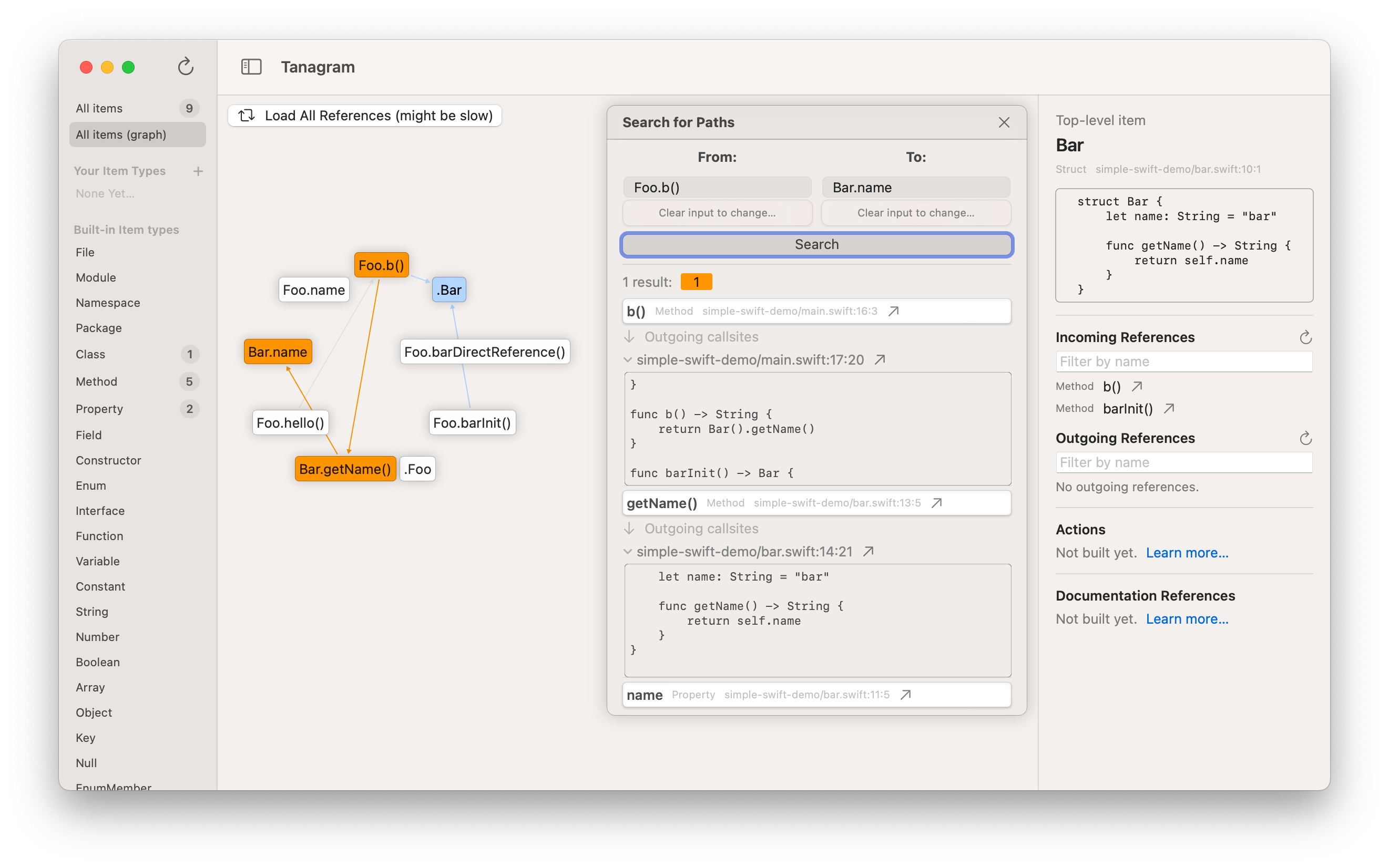 A screenshot of Tanagram's reference graph UI, showing the results of a path search