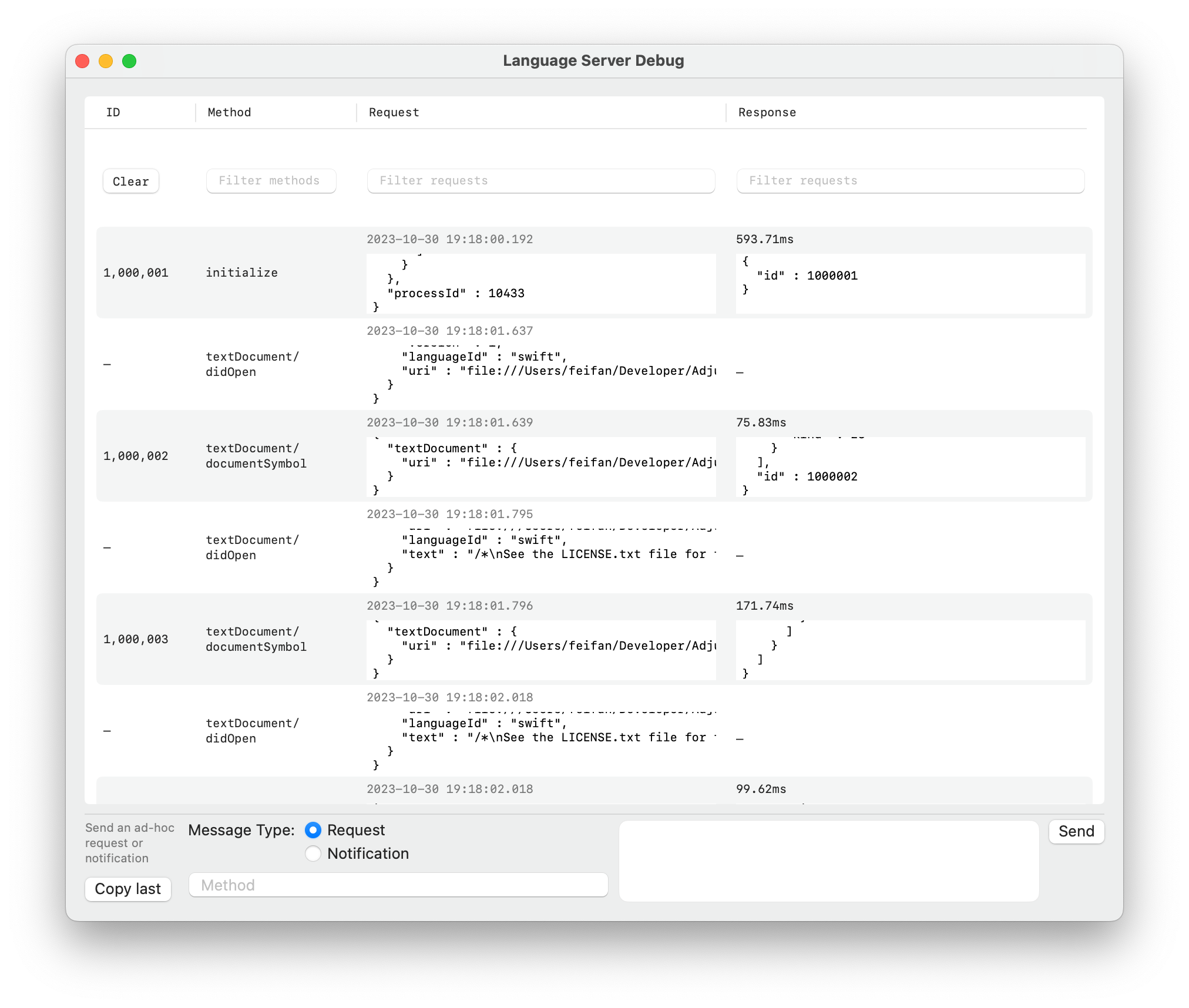 A window showing a list of language server requests and responses