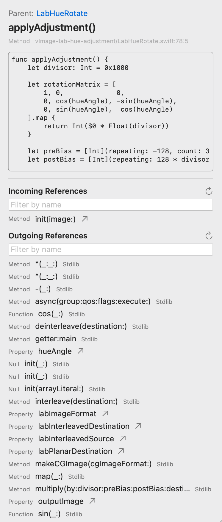 Tanagram's sidebar showing incoming and outgoing references for a selected item