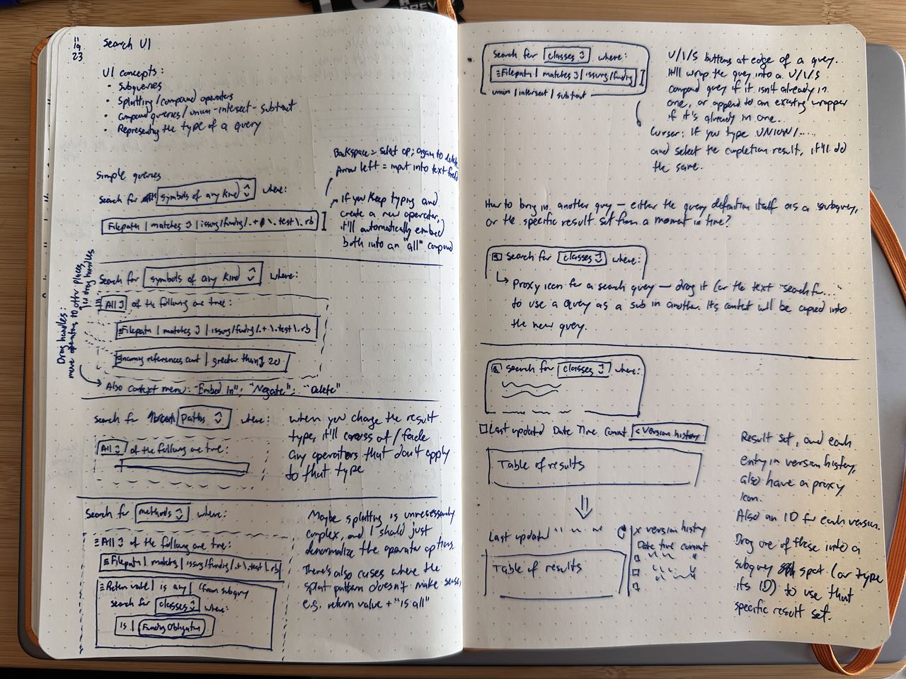 Notebook sketches of potential designs for Tanagram's search interface