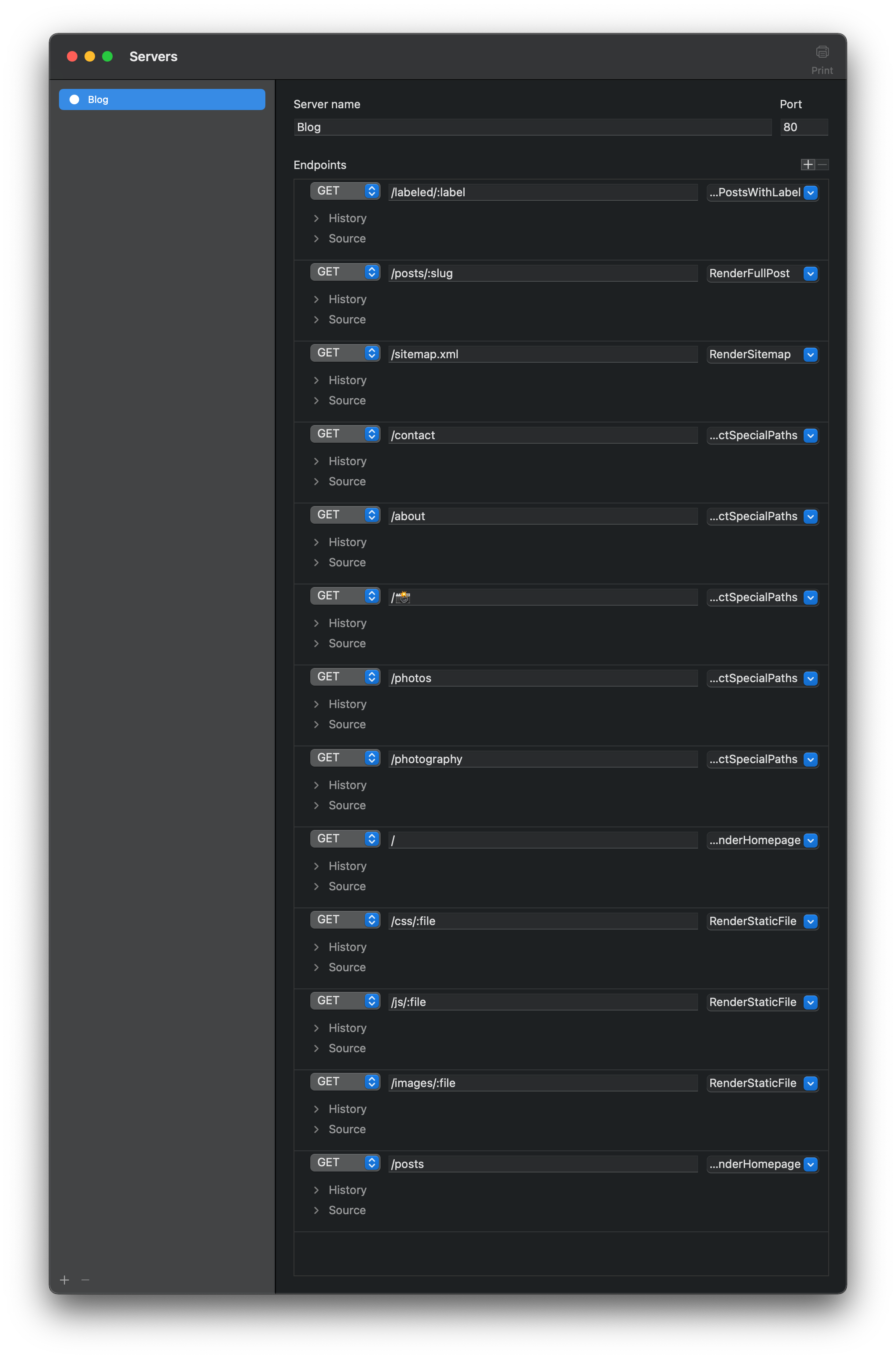 The Tanagram interface for managing my blog routes