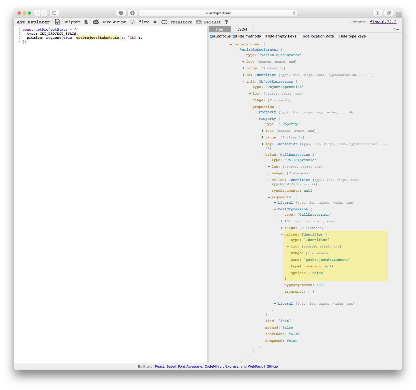 The AST is interactive — hover over an AST node to highlight the corresponding code; click on a piece of code to highlight the corresponding AST node(s).
